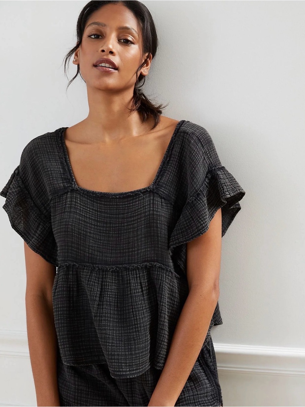Anthropologie Black Gauze Square-Neck Ruffle Sleeve Top: Size S
